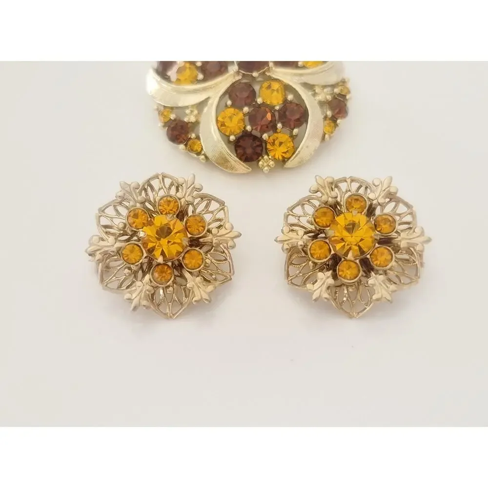 Vintage MCM Amber and Brown Rhinestone Brooch and Earring Set